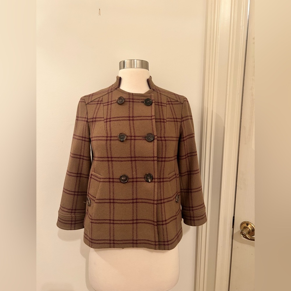 Etro Milano Brown And Red Plaid Cropped Pea Coat